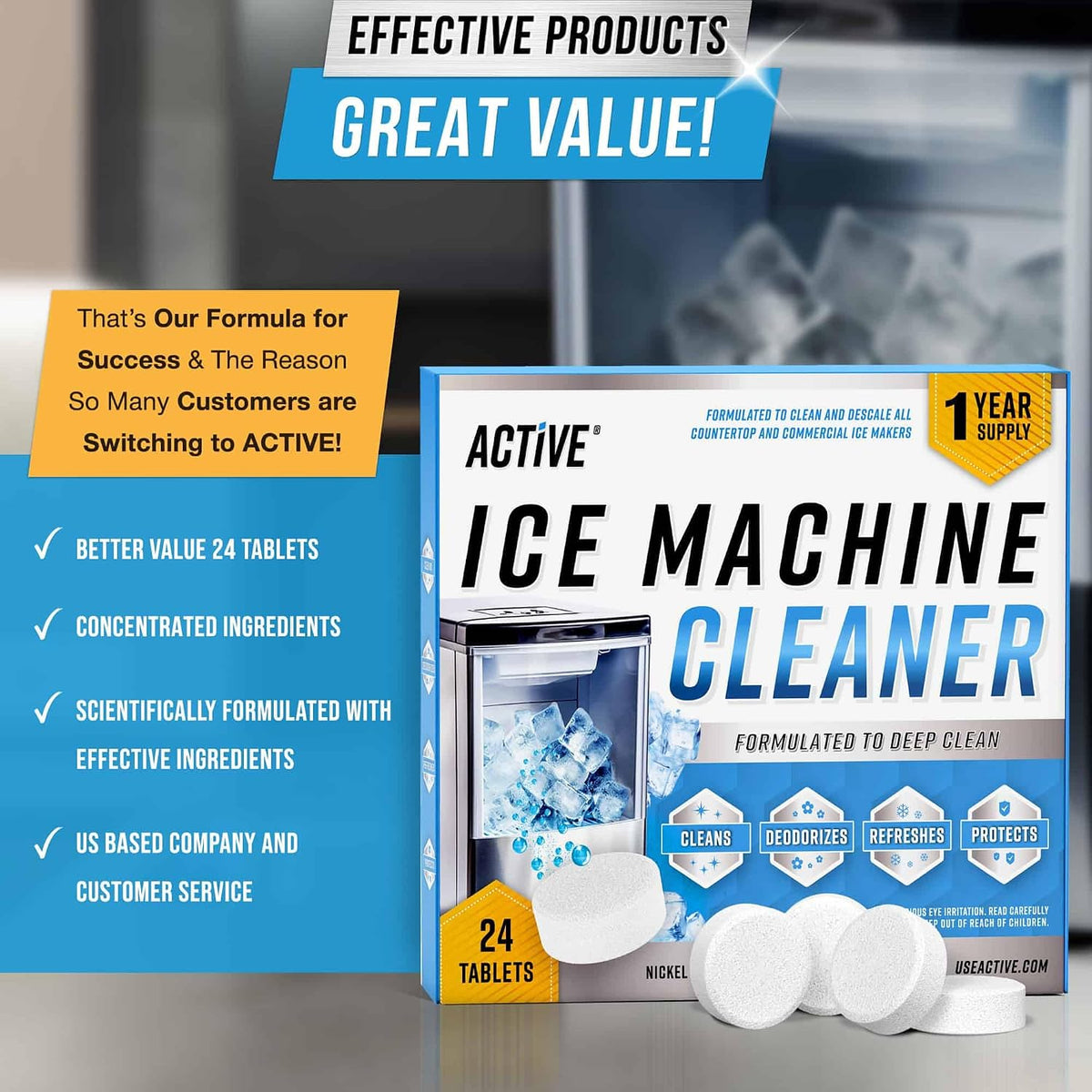 Ice Machine Cleaner Maker Descaler - 24 Clean Tablets Compatible with Frigidaire, Opal, GE Profile, Kitchenaid