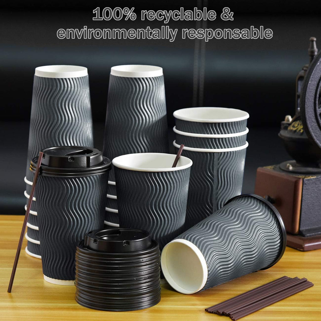 Disposable Coffee Cups with Lids and Straws - 16 oz (90 Set) Togo Hot Paper Coffee Cup with Lid To Go for Beverages