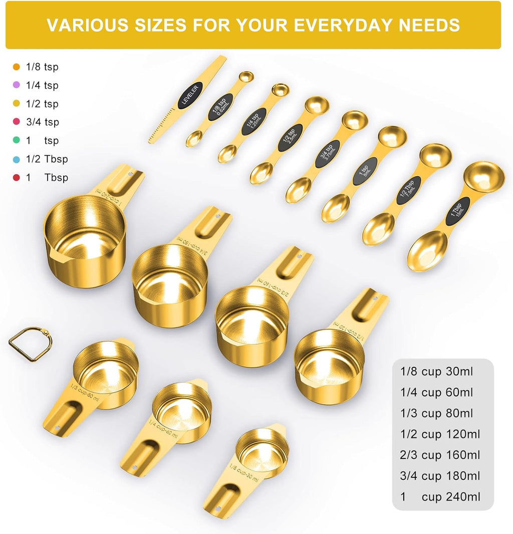 Gold Measuring Cups and Spoons Set of 15, 18/8 Stainless Steel, Includes 7 Nesting Metal Measuring Cups,8 Magnetic
