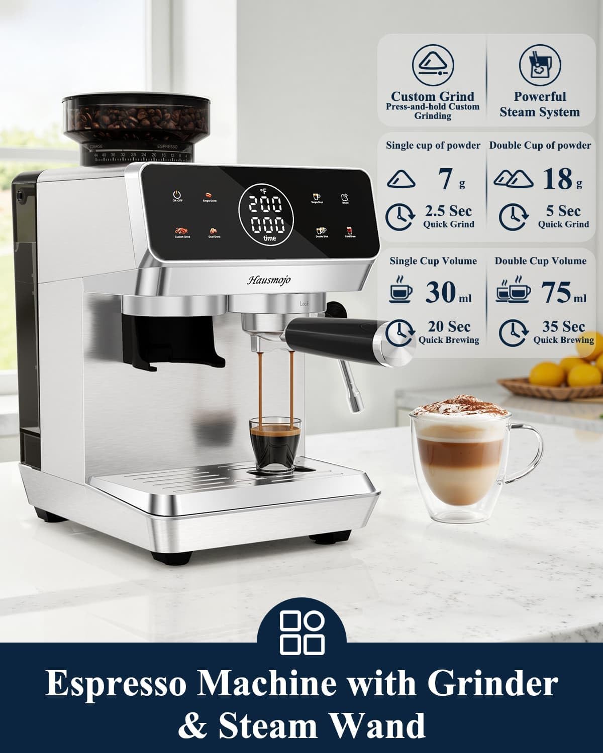CM1620 Espresso Machine with Built-in Burr Grinder, 20 Bar Bean-to-Cup Espresso Maker with 44 Grind Settings & Steam