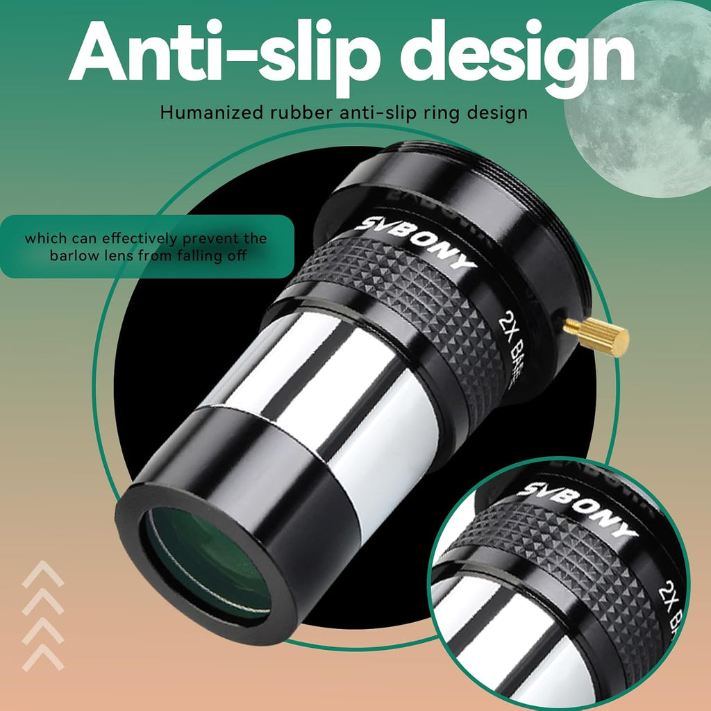 SV137 Barlow Lens, 1.25” 2X FMC Barlow Lens for Telescope Brass Ring | for Telescope Eyepiece, Male T-Thread