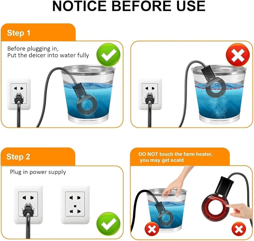 1000W Utility De-Icer, Submergible Bird Bath Heater De-icer, Chicken Water Heater, Stock Tank Heater for Livestock
