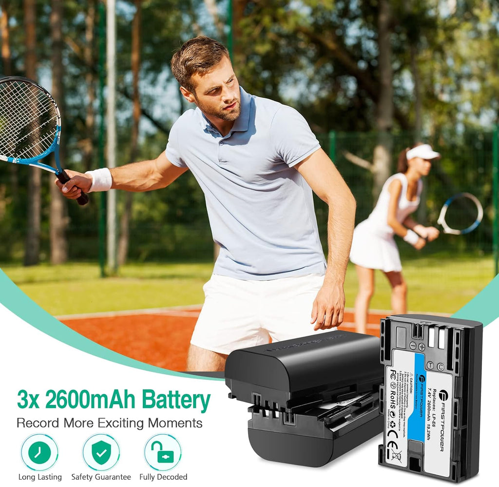 LP-E6 LP E6N Battery 3-Pack 2600mAh & Triple Slot Charger | Compatible with Canon EOS 5D Mark IV, 5D Mark III, 5D