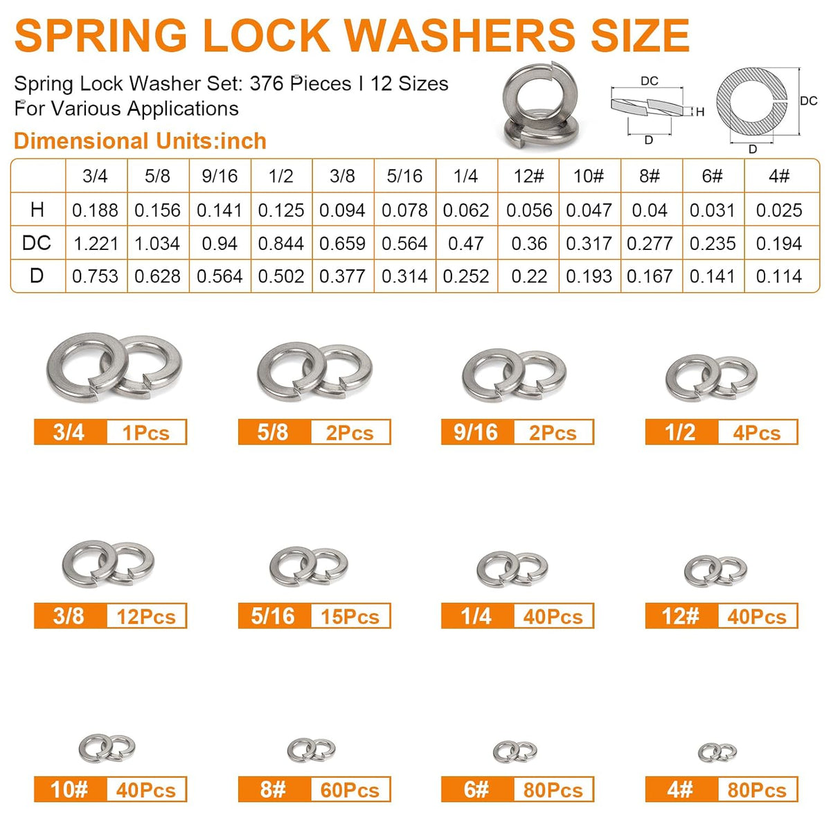 376Pcs SAE Spring Lock Washer Assortment Kit 304 Stainless Steel