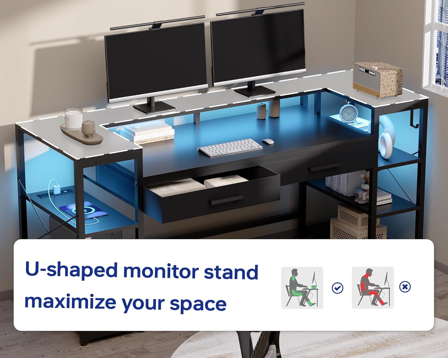 58 Inch Computer Desk with Monitor Stand and Shelves Gaming Desk with LED Lights & Power Outlets PC Vanity Table with
