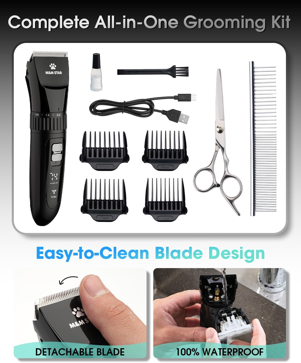 Dog Grooming Kit, Low Noise Dog Clippers, 2-Speed IPX7 Waterproof, Rechargeable Cordless Pet Hair Clippers Trimmer