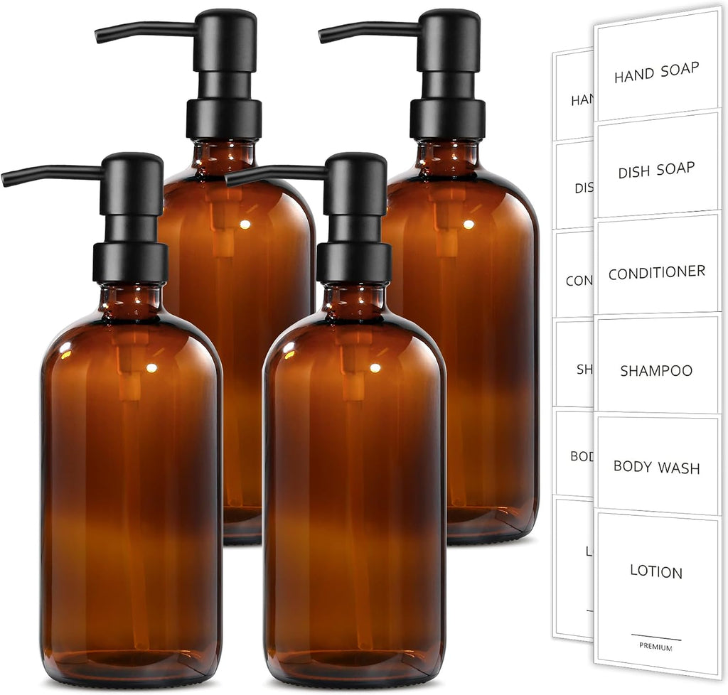 Amber Glass Soap Dispenser, 4 Pack Bathroom Hand Soap Dispensers with Stainless Steel Pump, 17 Fl Oz Kitchen Hand and