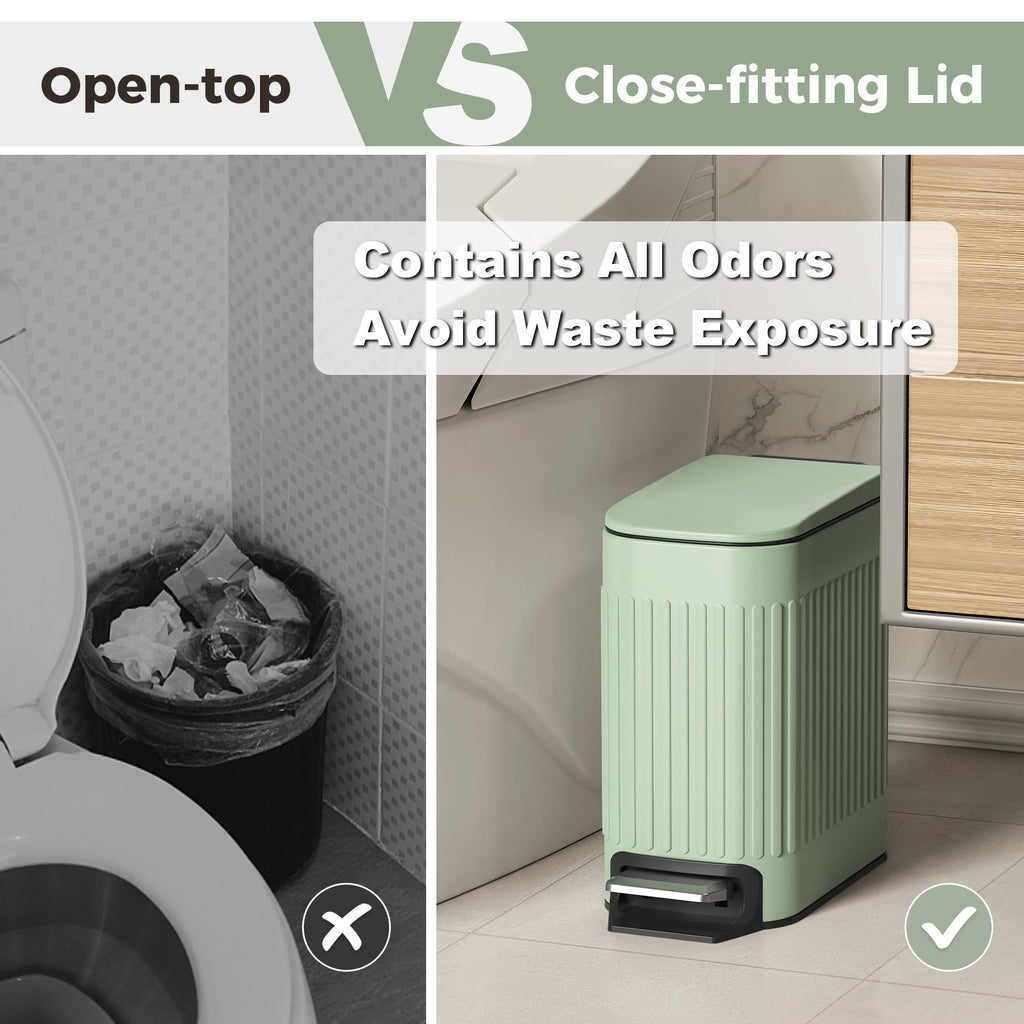 Slim Bathroom Trash Can with Lid Soft Close & Pedal, 1.6Gal, Green