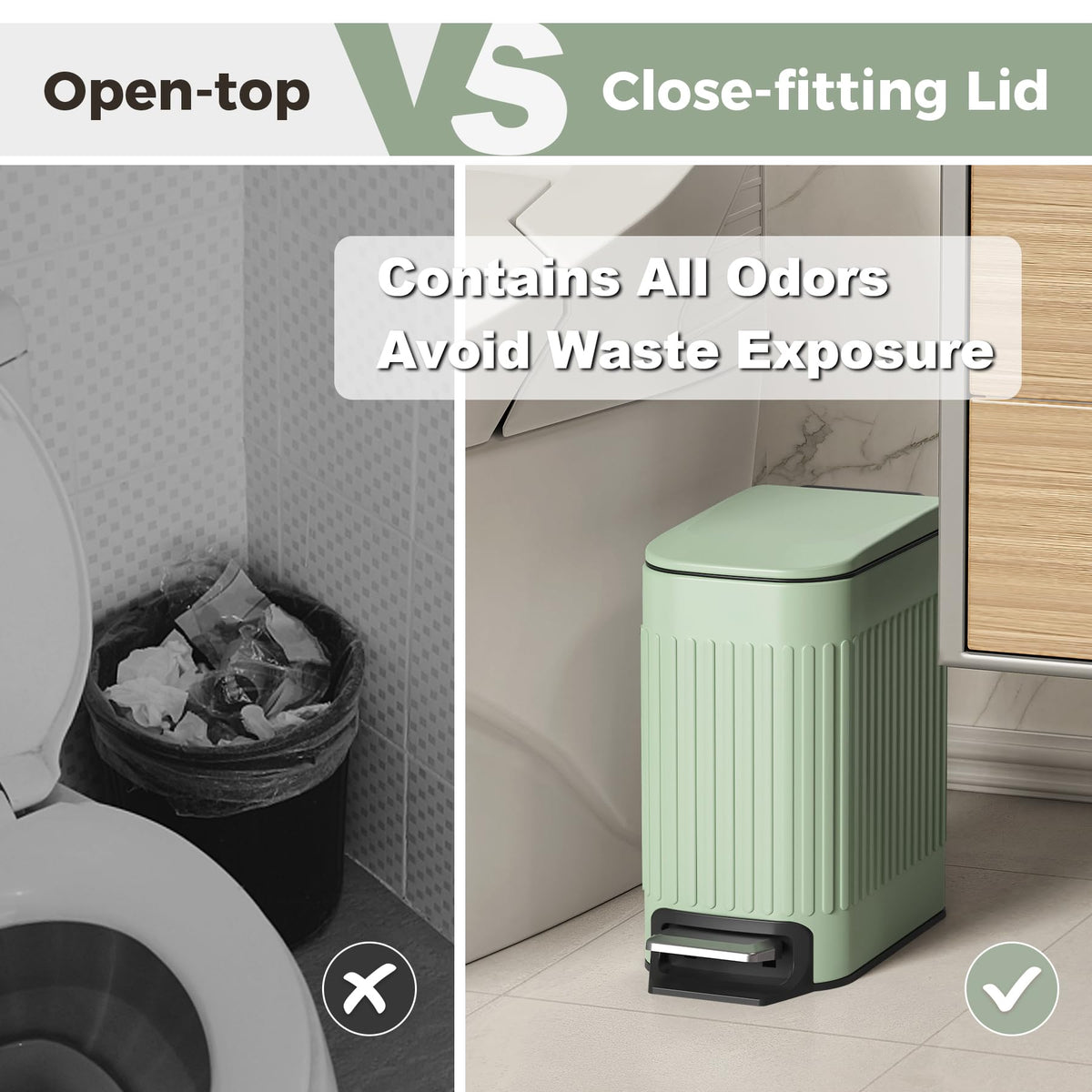 Slim Bathroom Trash Can with Lid Soft Close & Pedal, 1.6Gal, Green