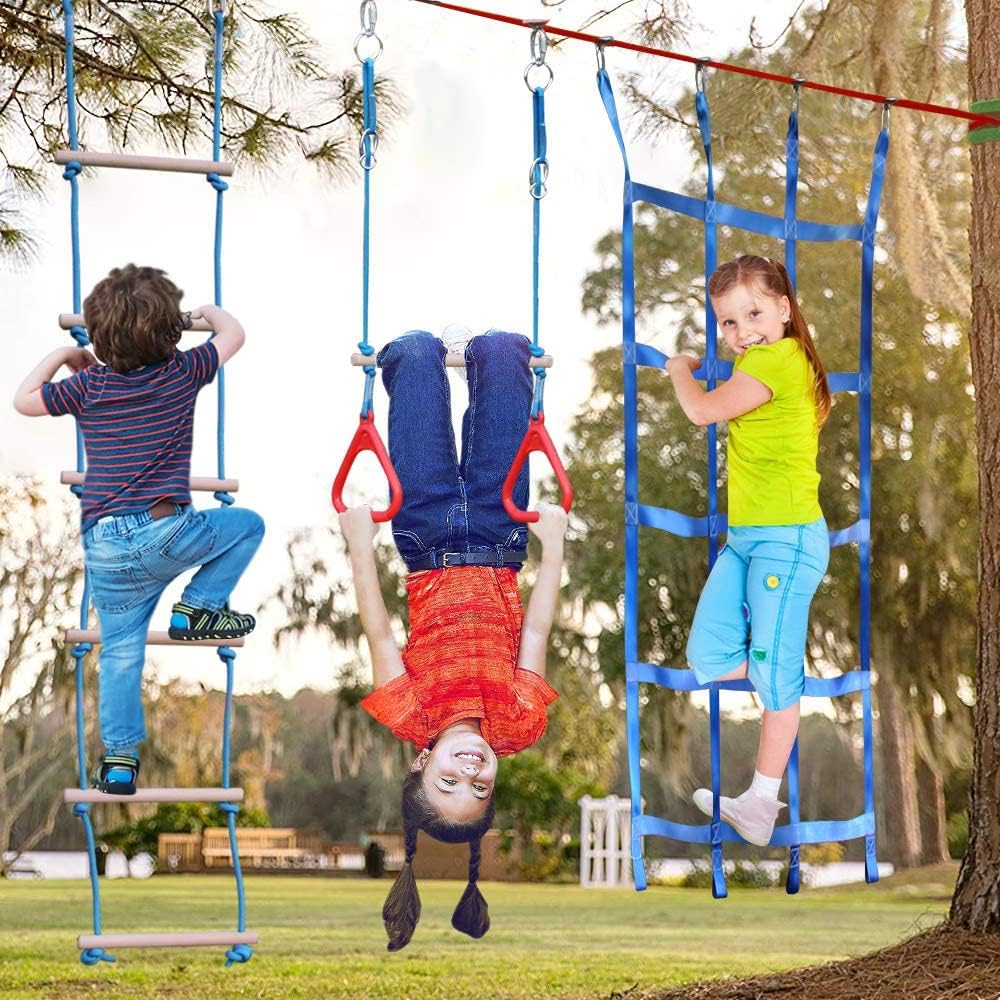 Ninja Warrior Obstacle Course for Kids Backyard - 2×50ft Slackline Kit with 10 Most Complete Accessories for Boys &