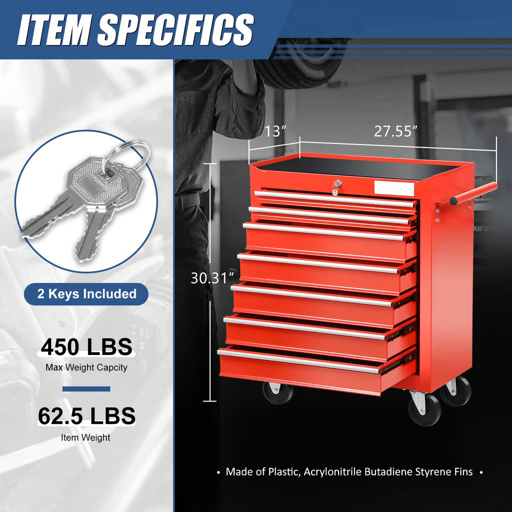 Universal Large Load Capacity Plastic Top Roller Rolling Tool Chest Cabinet with Key Lock and Wheels, 7-Drawers