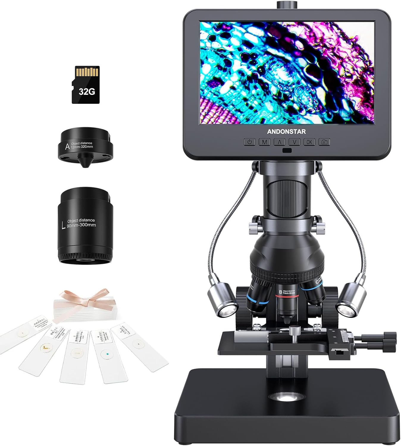 AD266S 20X-5000X HDMI Digital Microscope, 5 Lens 2160P UHD Video | 7'' LCD IPS Screen, Metal Biological Stand, X-Y