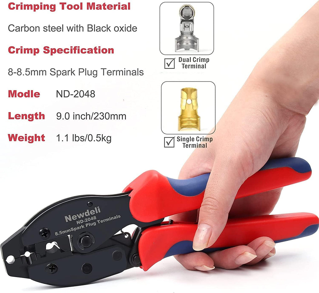 Ratchet Spark Plug Wire Crimper Set, Newdeli 25Pcs Spark Plug Crimping Tool and 180 Degree/90 Degree/Straight Spark Plug Coil Terminals Boots Set for Crimping and Stripping Spark Plug Ignition Wire