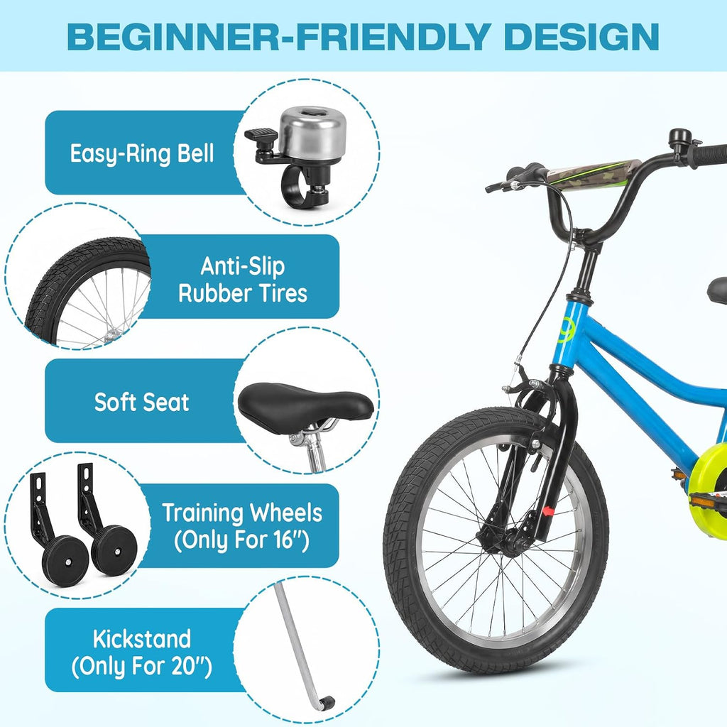 16 20 Inch Kids Bike Child Bicycle Ages 4-12 Dual Brake Multicolors | High Carbon Steel Frame, rider height 38-62 in