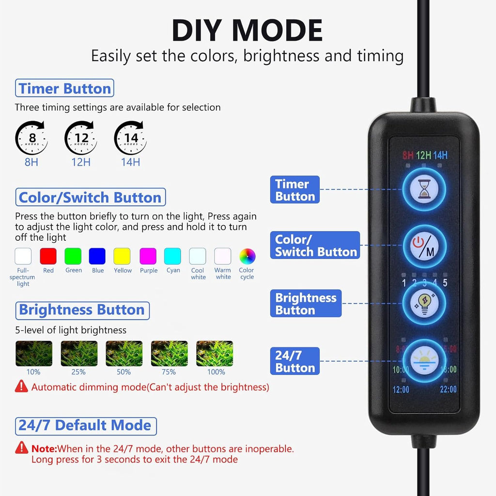 Clip On Aquarium Light, 24/7 Mode Fish Tank Light with Timer | Full Spectrum Aquarium Light Simulate
