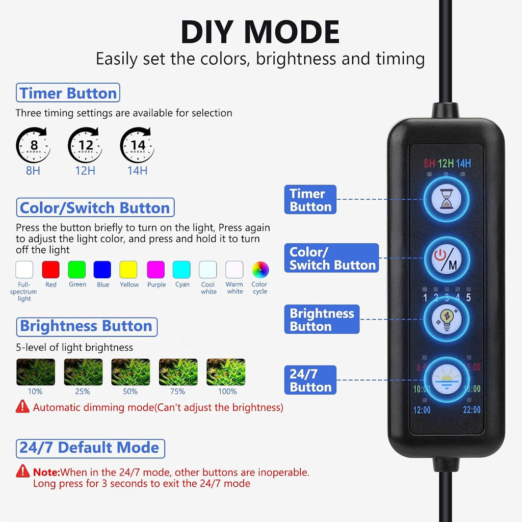 Clip On Aquarium Light, 24/7 Mode Fish Tank Light with Timer | Full Spectrum Aquarium Light Simulate