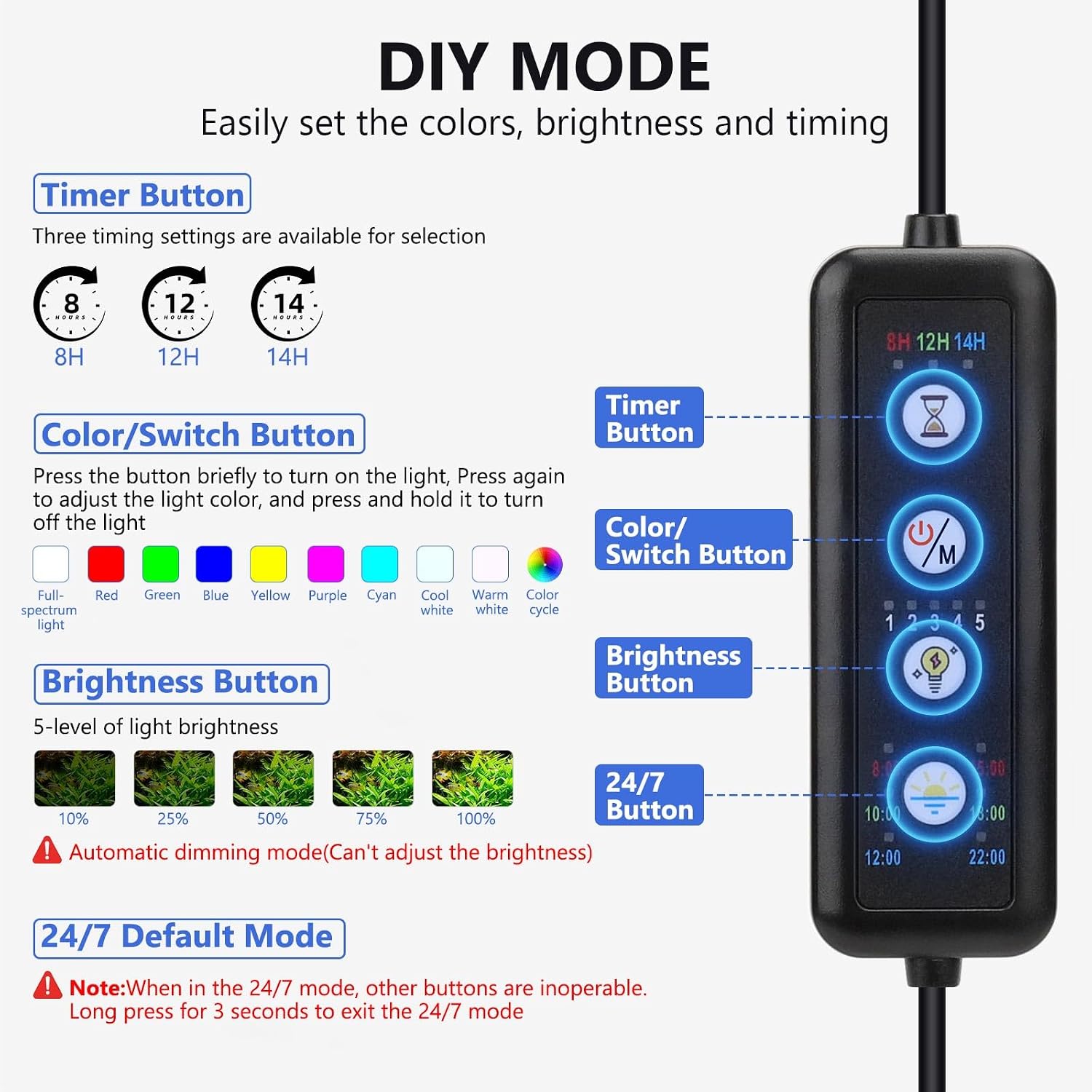 Clip On Aquarium Light, 24/7 Mode Fish Tank Light with Timer | Full Spectrum Aquarium Light Simulate