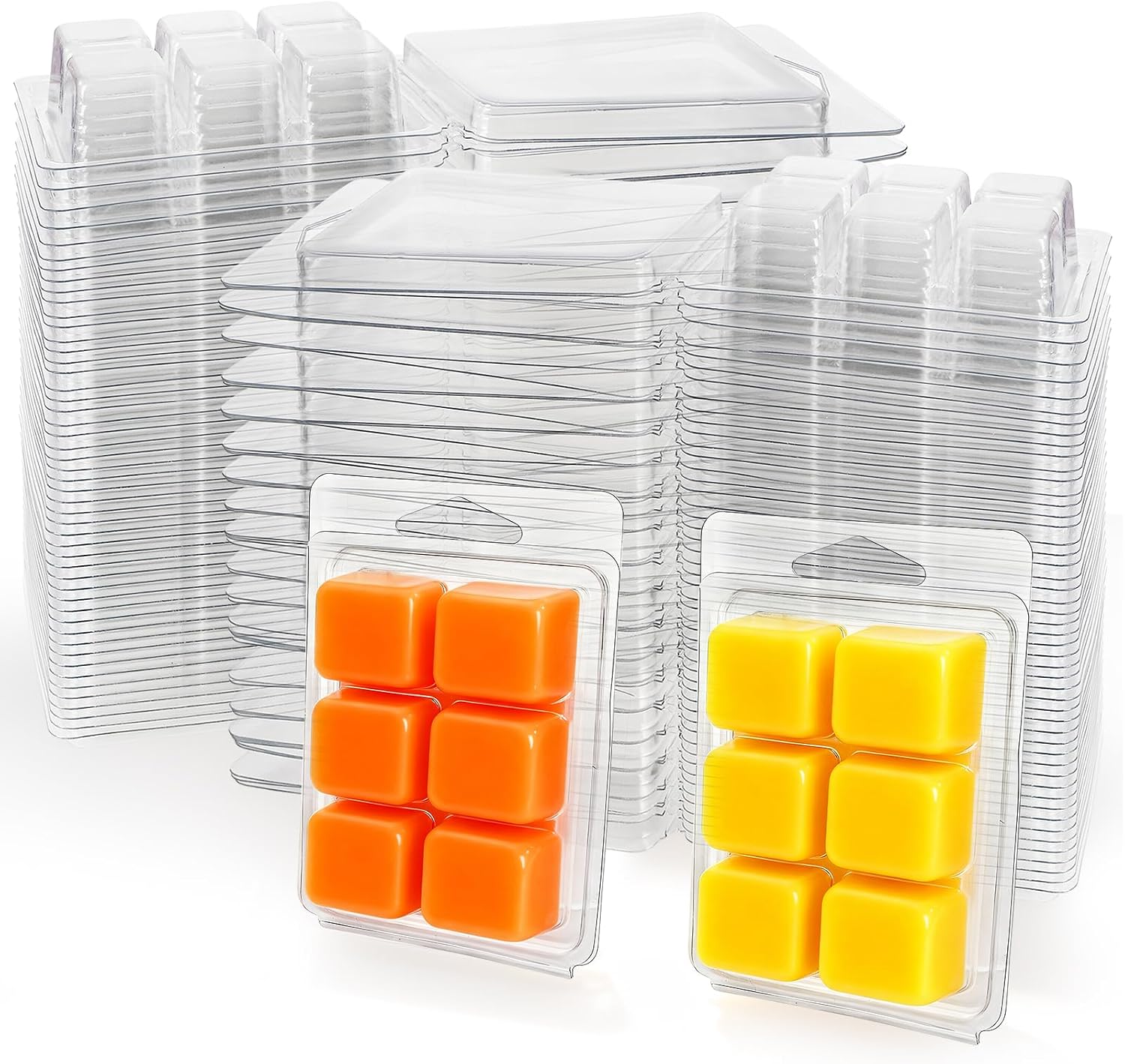 100 Pack Plastic Wax Melt Clamshell Mold, 6 Cavity Square Clear Wax Melt Molds Containers for DIY Wax Melt Candle