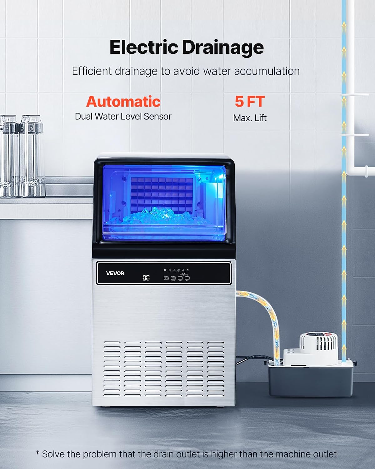 Commercial Ice Maker Machine with Pump, 130Lbs/24H with 33Lbs Storage, 45 Cubes per Cycle, Freestanding & Under