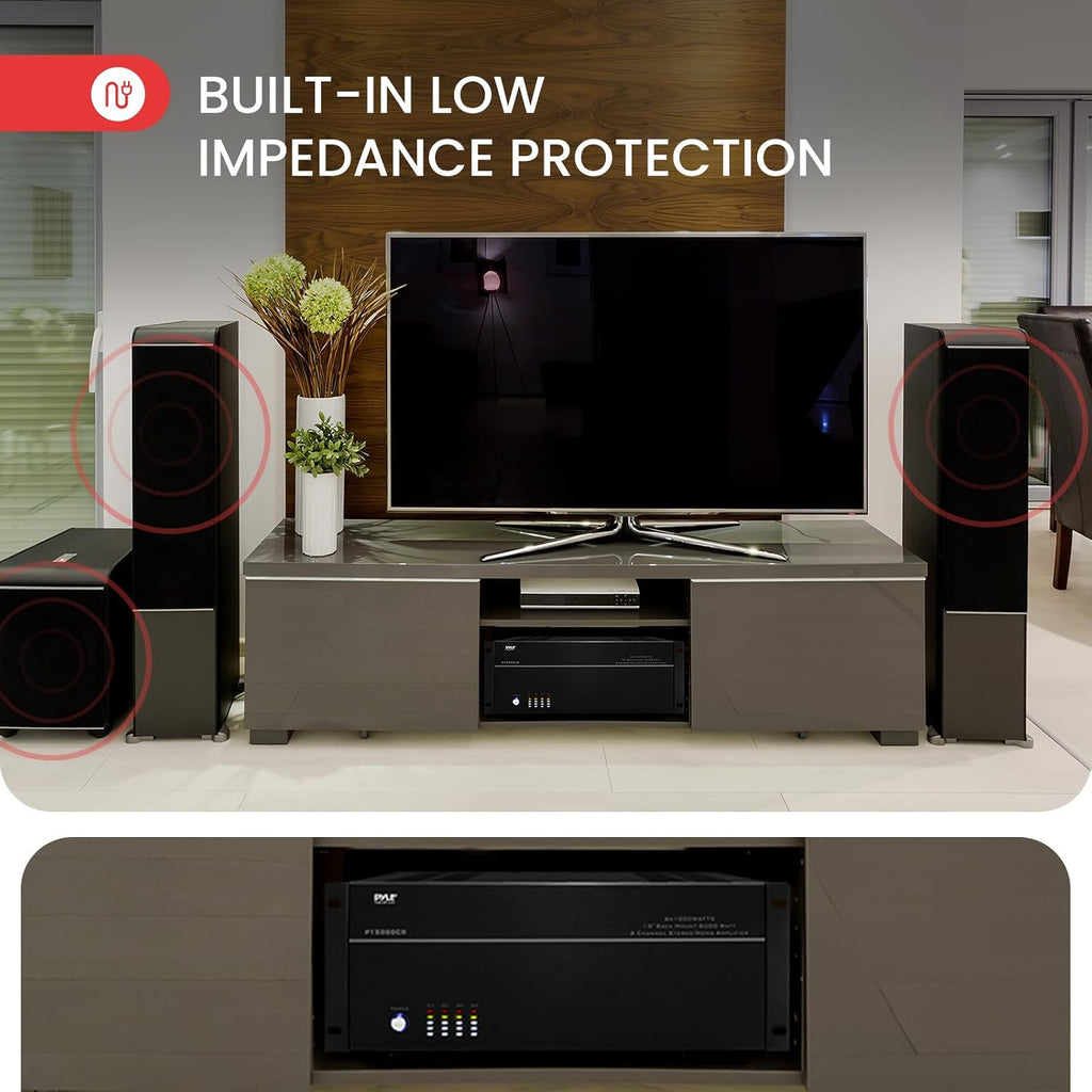 4 Multi-Zone Stereo Amplifier - 19” Rack Mount, Powerful 8000 Watts with Speaker Selector Volume Control & LED Audio