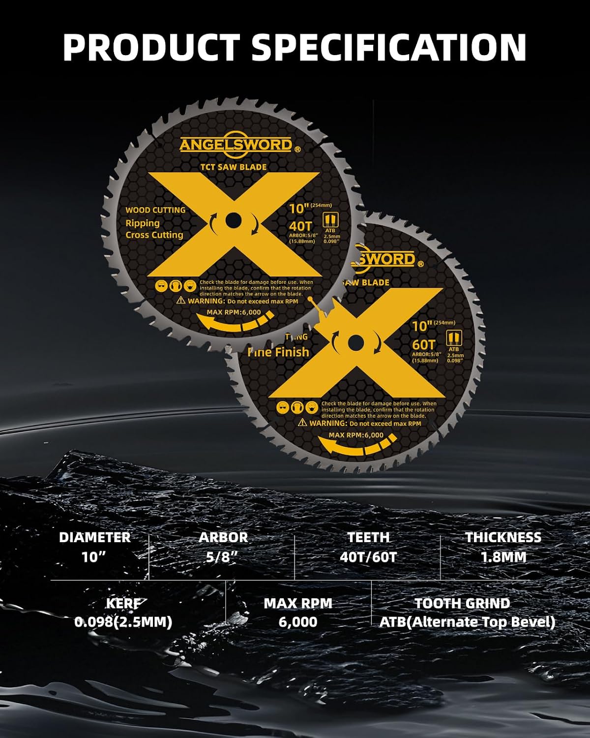 10 Inch Table Saw Blade/Miter Saw Blade, 40T for Ripping, Cross Cutting&60T for Fine Finish Wood Cutting, 2 Pack