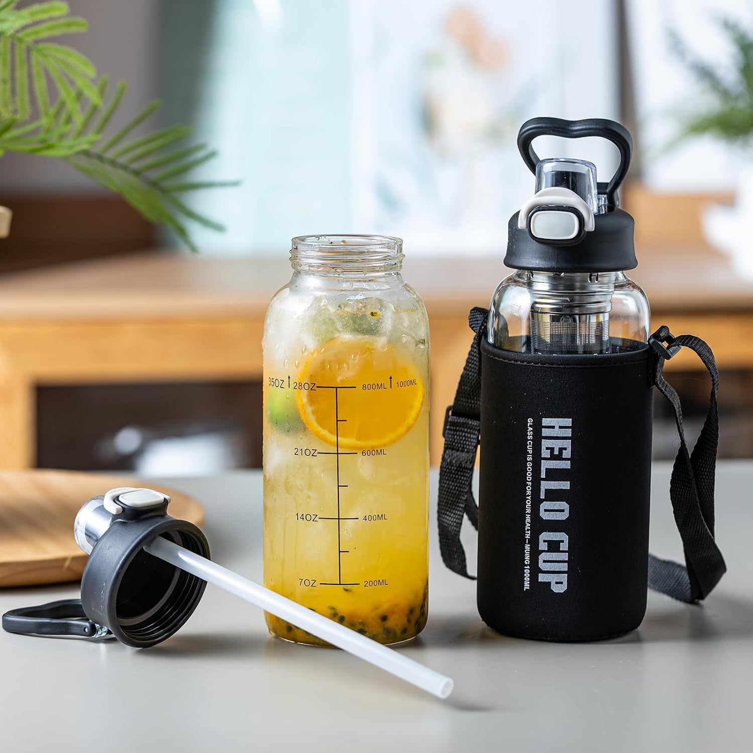 35oz Glass Water Bottles with Time Marker & Straw, BPA-Free Leakproof Glass Drinking Bottles with Protective Sleeve &