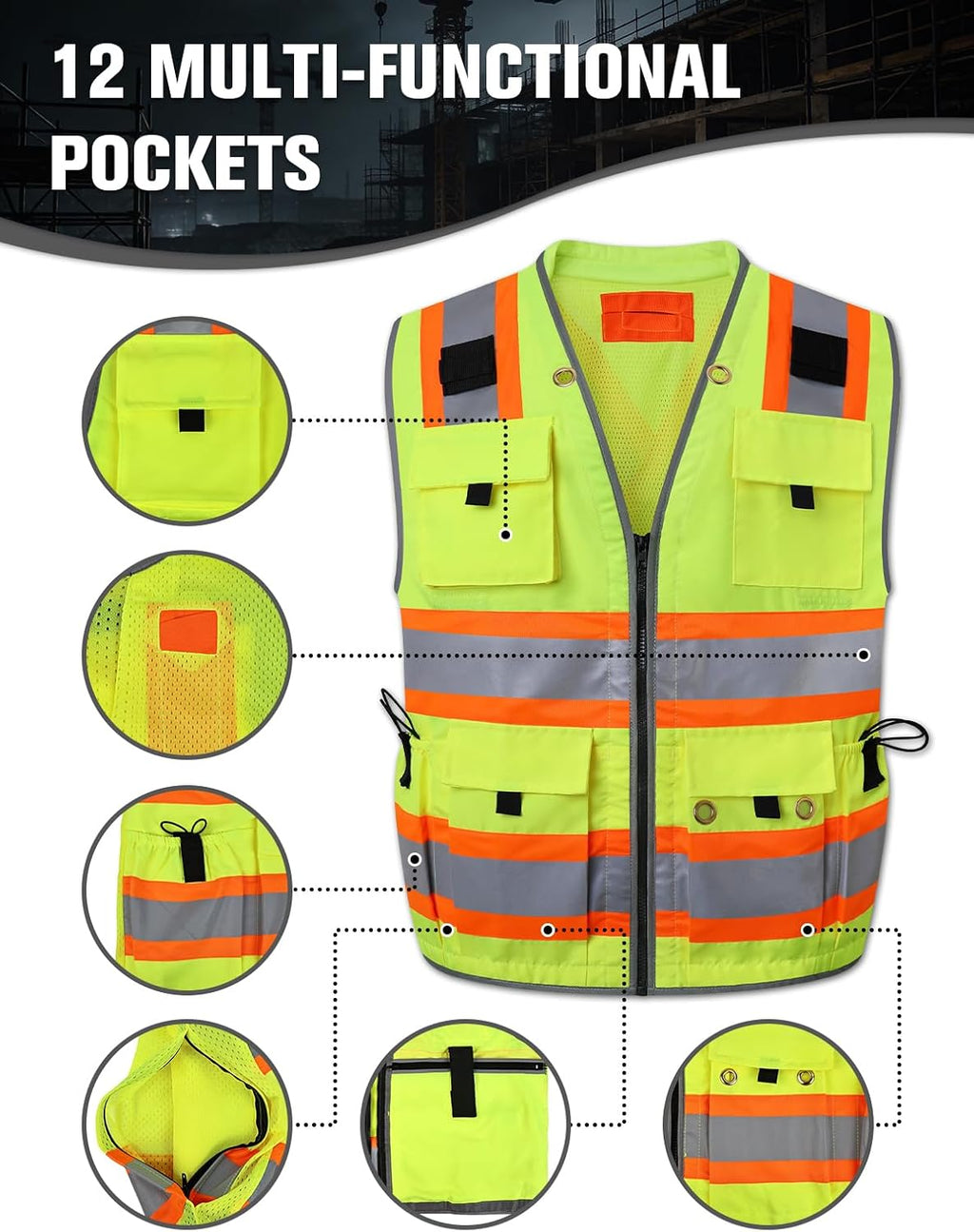 Safety Vest, Construction Surveyor Vest for Men Women, Hi Vis | Class 2 High Visibility Vests with Pockets, ANSI/ISEA