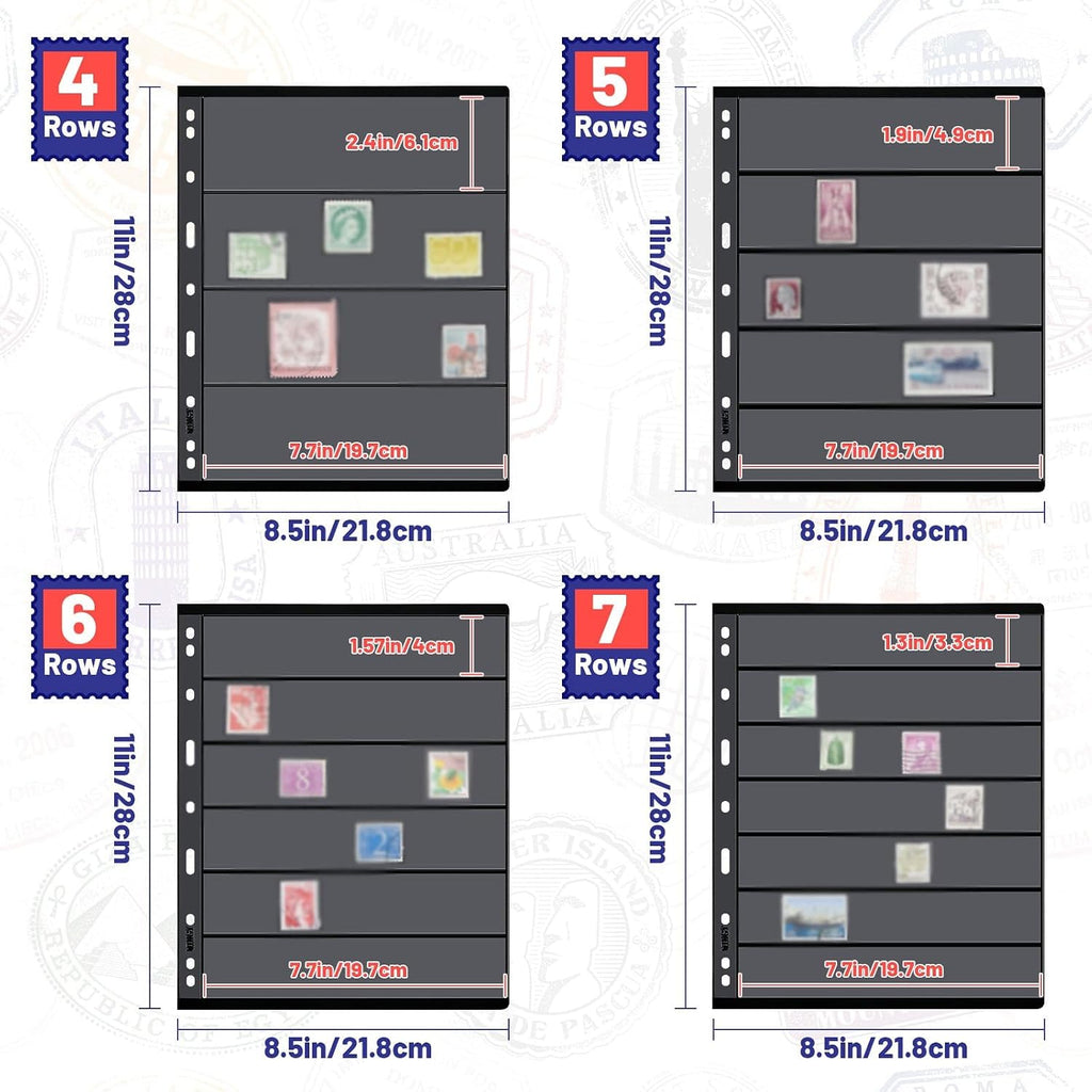 30 Pieces stamp collecting supplies stamp collector pages Album sheets with Standard 9 Hole Binder Sleeves(4/5/6/7 Rows)