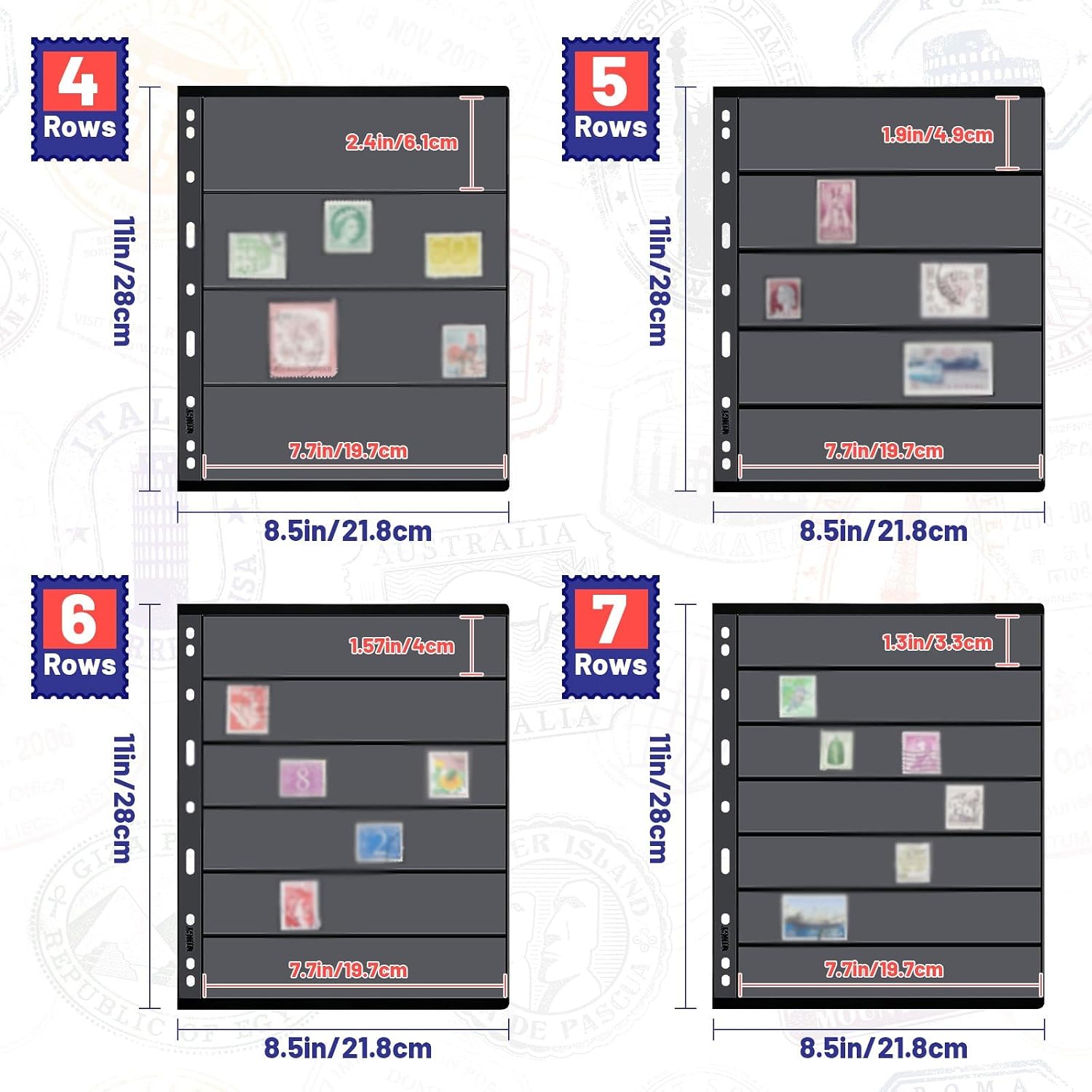 30 Pieces stamp collecting supplies stamp collector pages Album sheets with Standard 9 Hole Binder Sleeves(4/5/6/7 Rows)