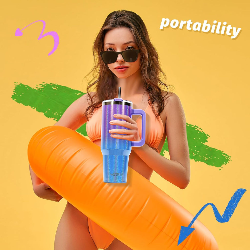 40 oz Shiny Tumbler with Handle and Straw,Stainless Steel Tumbler with Lid and Straw,Insulated Travel Mug(Cold for 34