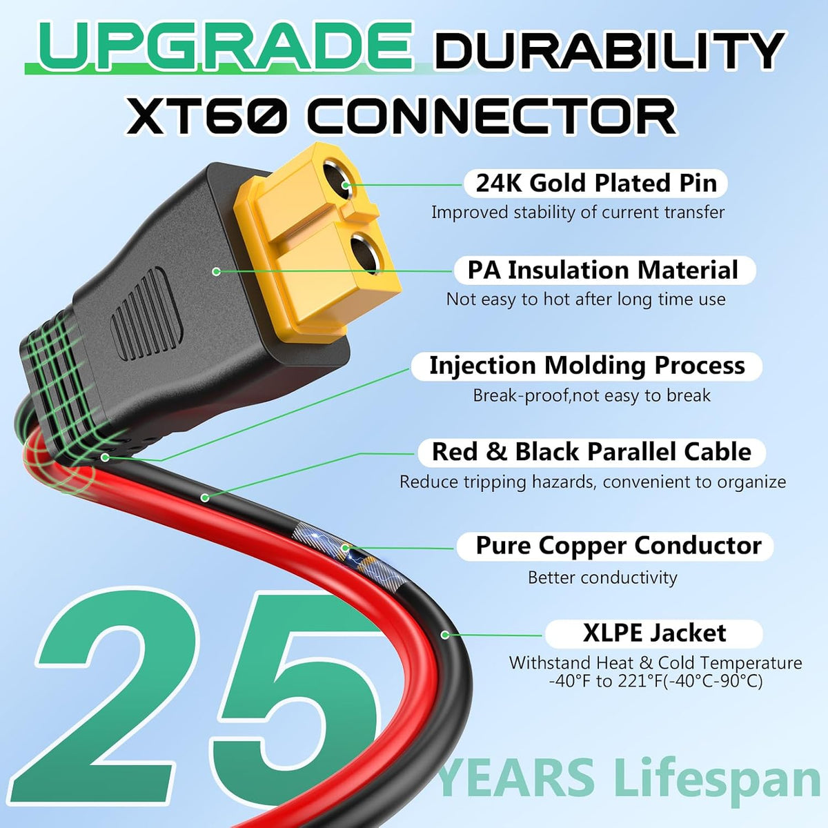 12AWG XT60 Solar Cable 10FT, XT60 Charging Cable 3 15 20 30 40 50FT, XT60 Adapter for Solar Panel to Portable Power Station Solar Generator
