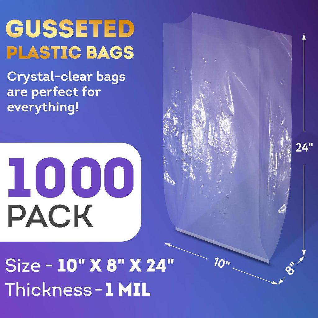 APQ Clear Gusseted Poly Bags, 10 x 8 x 24 Inch. Pack of 1000 Gusseted Plastic Bags 1 Mil Thick for Favors with Open