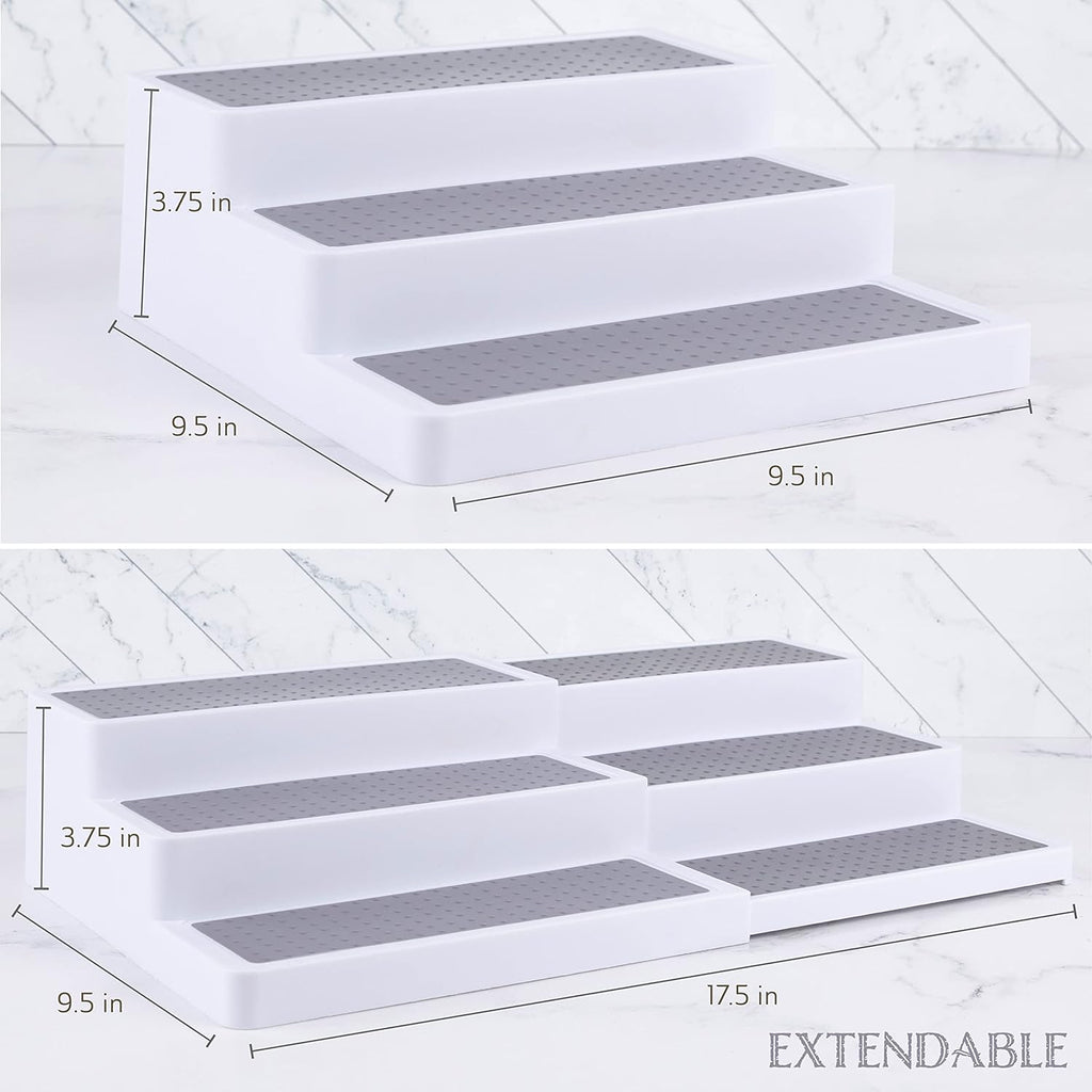 3–Tier Expandable Plastic Spice Rack - Adjustable Length, Stability with Non-Skid Shelf, Three Tiers for Easy