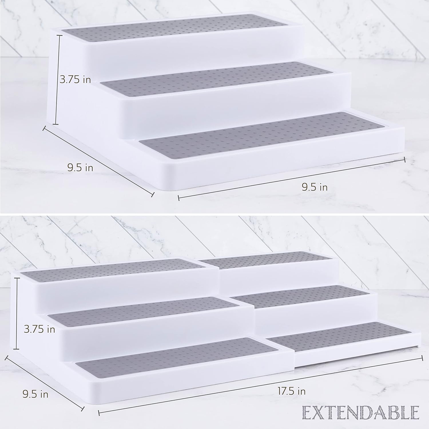3–Tier Expandable Plastic Spice Rack - Adjustable Length, Stability with Non-Skid Shelf, Three Tiers for Easy