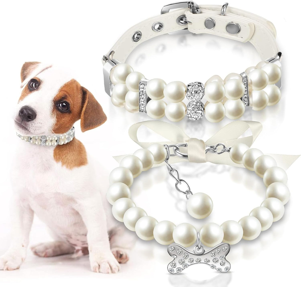 2 Pcs Pet Dog Pearl Collar and Necklace Set, White, S