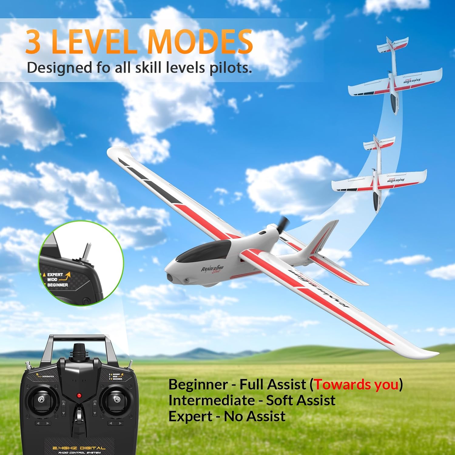 VOLANTEXRC RC Glider Plane 4CH, New Version Remote Control Airplane with 6-Axis Gyro for Beginners, 3 Flight Modes &