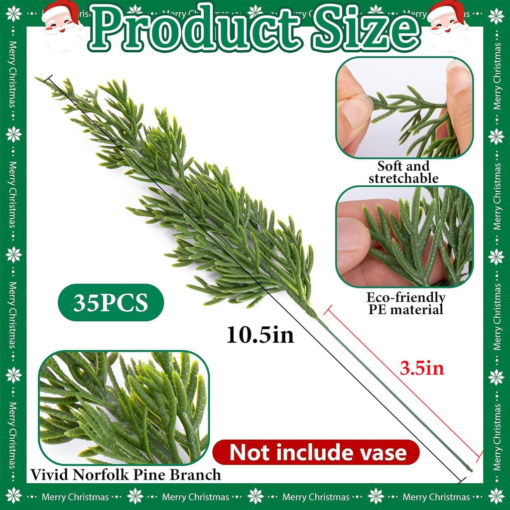 45 Pcs Christmas Artificial Pine Branches with Red Berry Stems, 10.5" Faux Evergreen Norfolk Pine Cypress Leaves