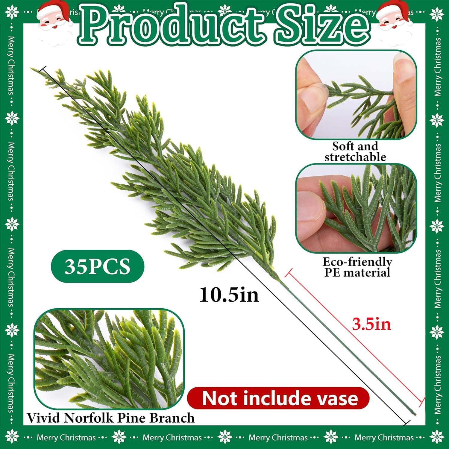 45 Pcs Christmas Artificial Pine Branches with Red Berry Stems, 10.5" Faux Evergreen Norfolk Pine Cypress Leaves