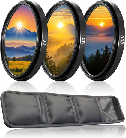 67mm Camera Lens Filter Kit with Storage Pouch, HD Optical Glass Multi-Layer Coating UV/CPL/ND8 Screw On Polarizing