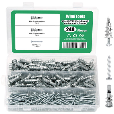 240PCS Self Drilling Drywall Zinc Anchors and Screws Kit, Heavy Duty Metal Wall Anchors and #8 x 1'' Screws