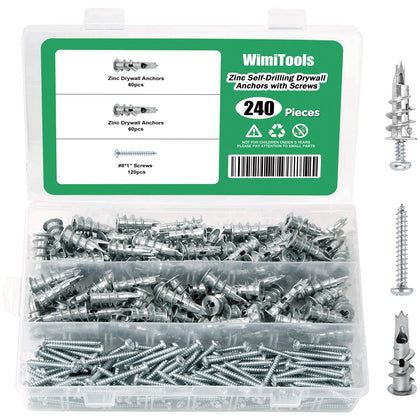 240PCS Self Drilling Drywall Zinc Anchors and Screws Kit, Heavy Duty Metal Wall Anchors and #8 x 1'' Screws