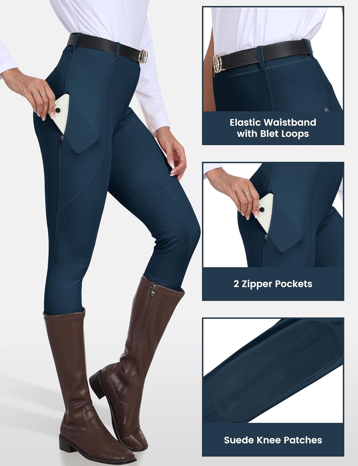 Women's Horse Riding Pants Full Seat Silicon Knee-Patch Equestrian Breeches Horseback Schooling Tights Zipper Pockets