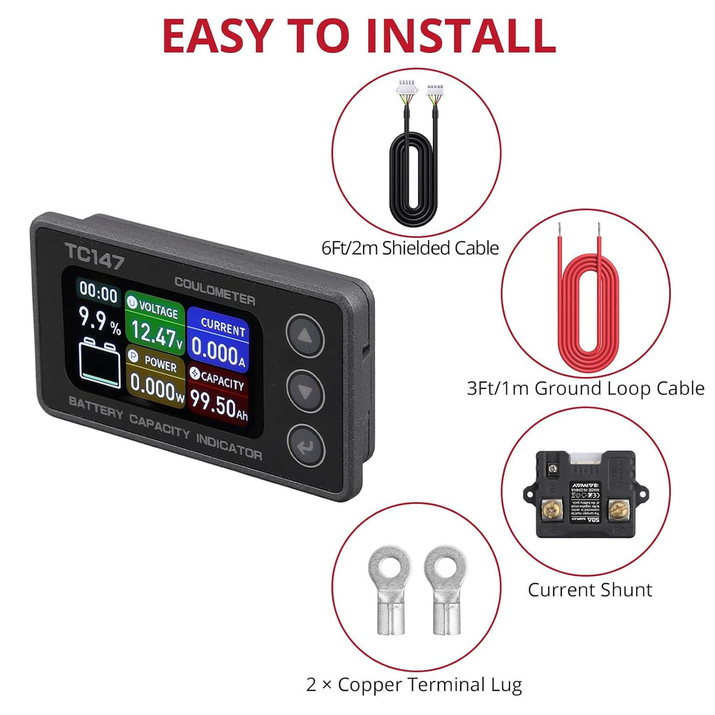 0-50A Small Battery Monitor Shunt Voltmeter Ammeter Lifepo4 Lithium | Backlight Waterproof Battery Monitor with Shunt