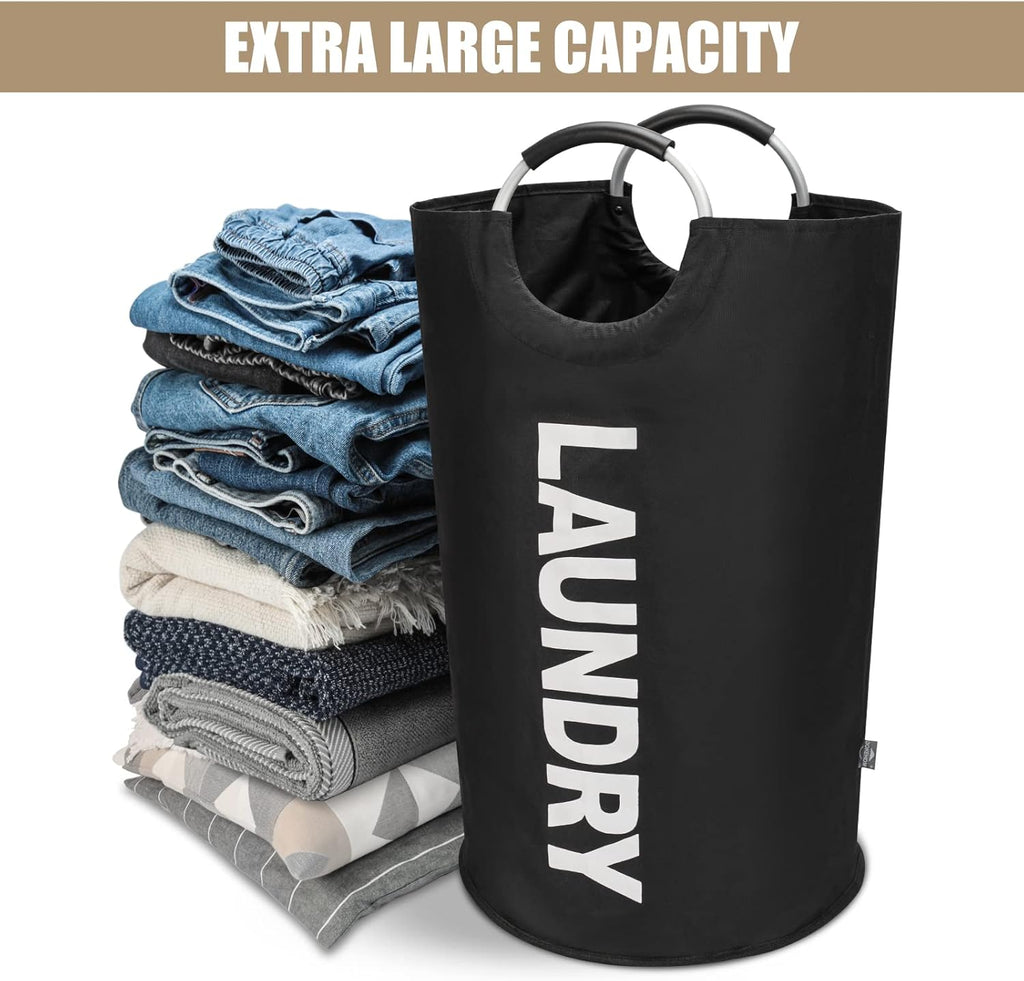 90L Large Laundry Basket Bag, Collapsible Tall Hamper, Black | Freestanding tall washing bin & foldable laundry bag.