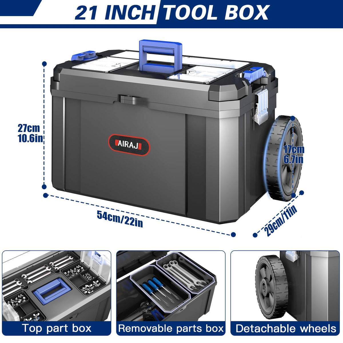 3 In 1 Rolling Tool Box with Wheels, Stackable Tool Box,17 +19 +21 In