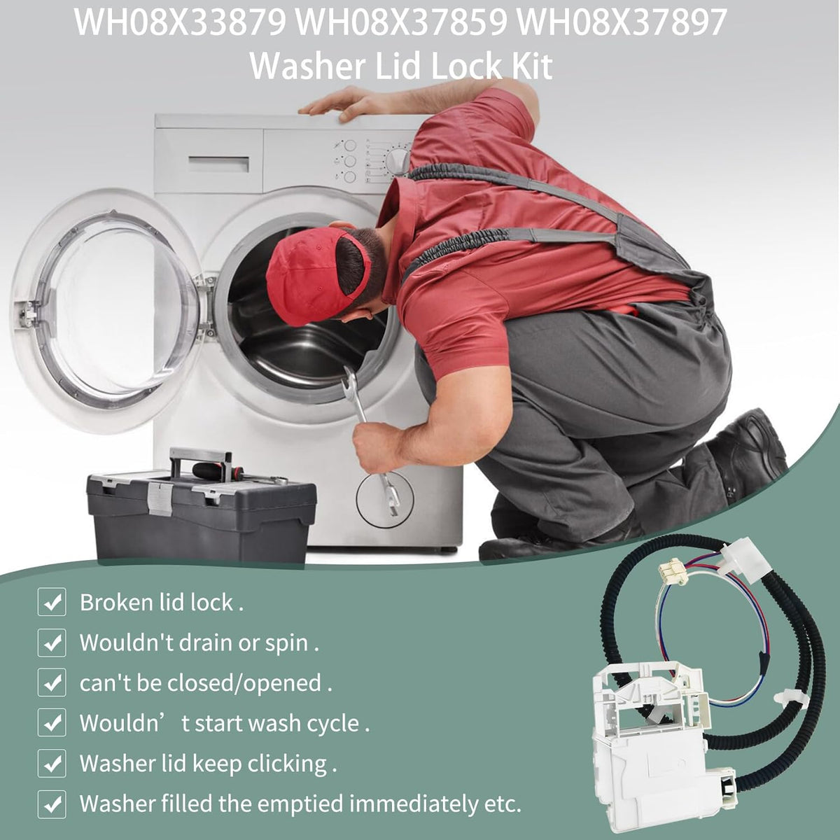 WH08X33879 WH08X37859 WH08X37897 Washer Lid Lock Assembly Fit for ge Replace Models PTW600BSR1WS PTW600BPR1DG PTW605BPR1DG PTW700BPT0DG PTW900BPT0DG PTW905BPT0RS HTW265ASW0WW GTW220ACW0WW GTW385ASW0WS