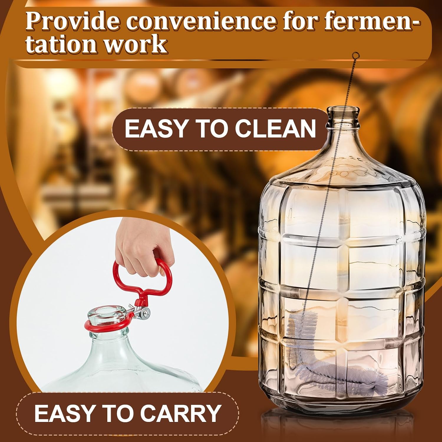 5 Gallon Glass Carboy Set, 5 Gallon Glass Water Jug with Drilled & Undrilled Rubber Stoppers, Bubble Airlock, Handle