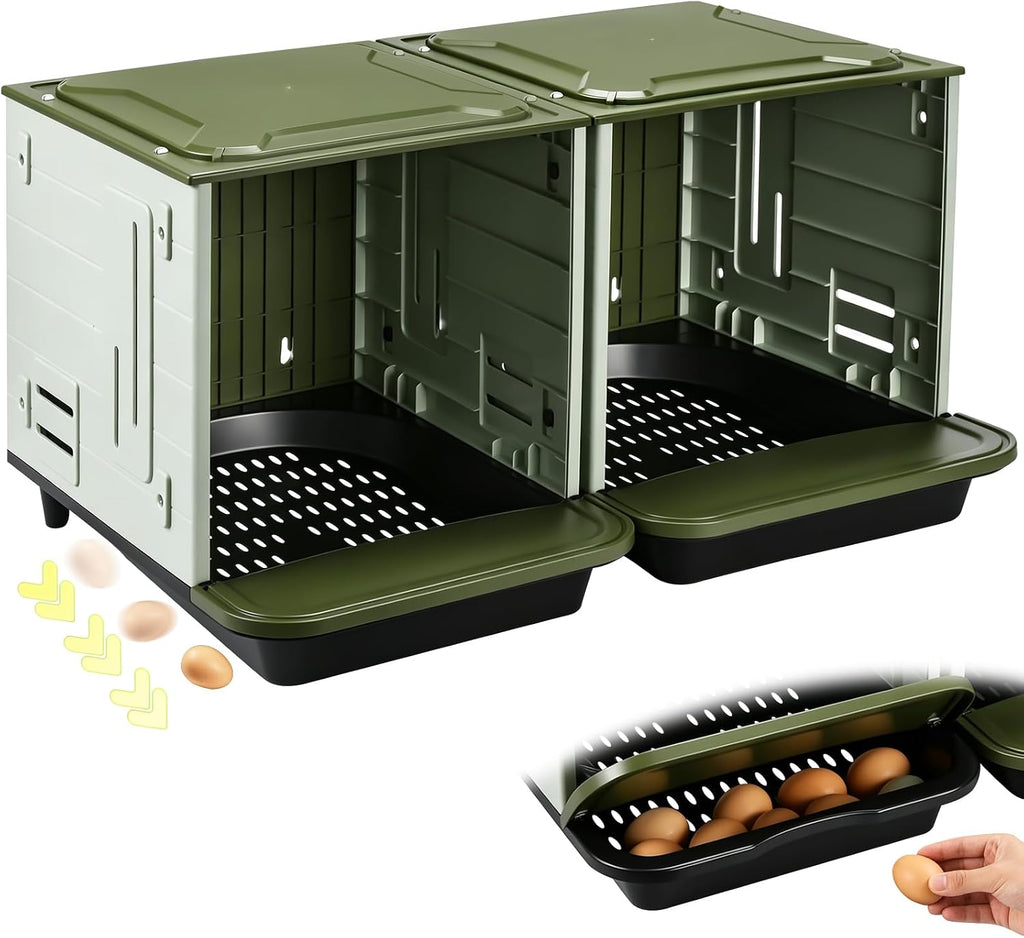 Roll Away Nesting Boxes for Chickens, 2 Compartment Chicken Nesting Box, Egg Collection Chicken Coop Nest Box (Large)