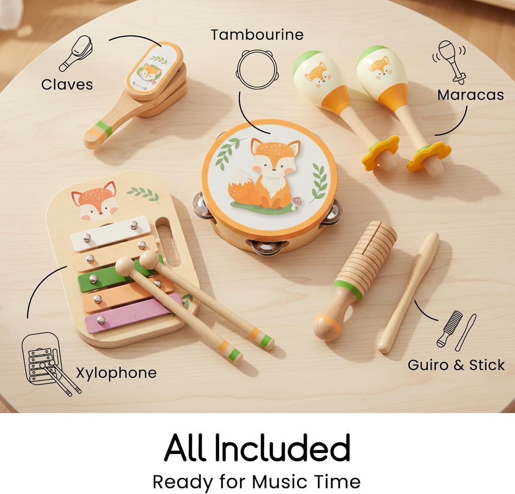 Wooden Musical Instruments Set for Toddlers 1-3, Montessori Toys | Natural Wood Percussion Instruments Xylophone Gift