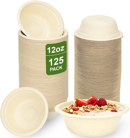 125 Pack 12 OZ Paper Bowls, Natural Compostable Disposable Soup Bowls, Eco-Friendly Bagasse Serving Plates and Bowls